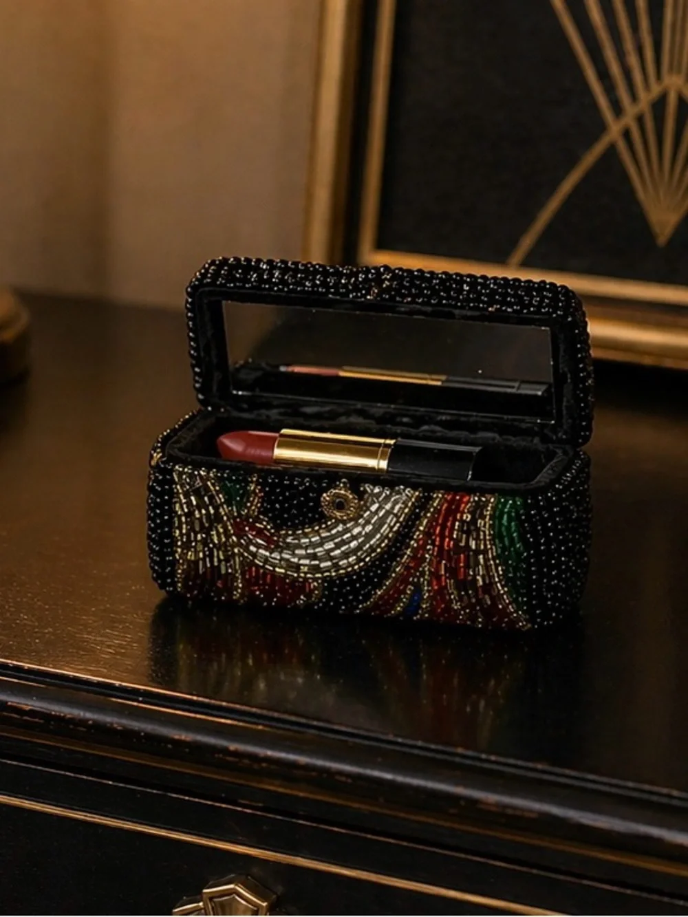 Vintage Beaded Lipstick  case with  Mirror